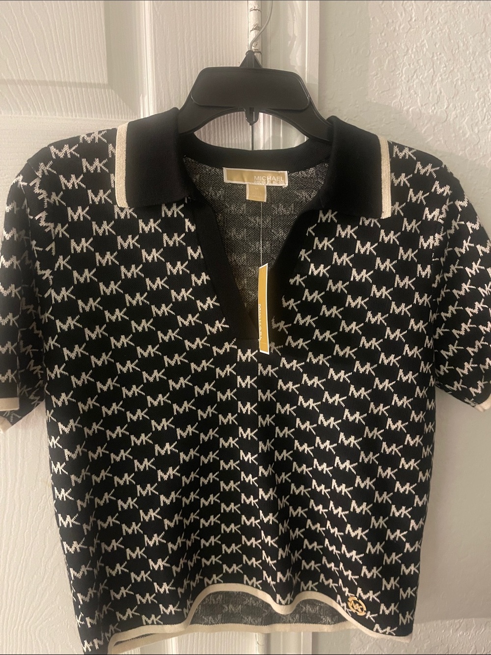 Michael Kors Black and Cream MK Logo Knit Polo